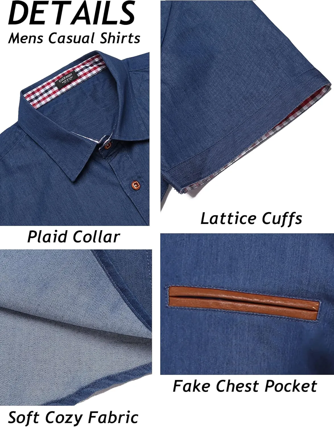 COOFANDY Men's Casual Cotton Short Sleeve Button Down Dress Shirt Plaid Collar Denim Work Shirts
