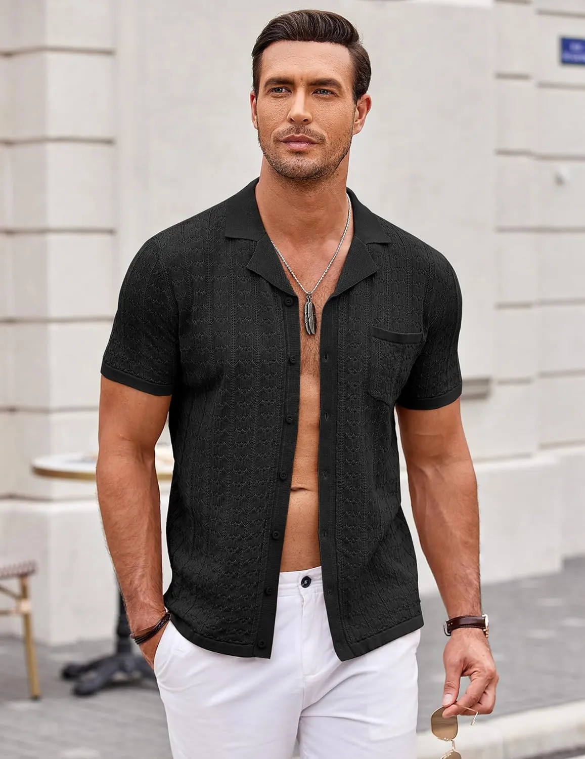 COOFANDY Men's Knit Button Down Shirt Short Sleeve Vintage Polo Shirts Summer Casual Beach Tops