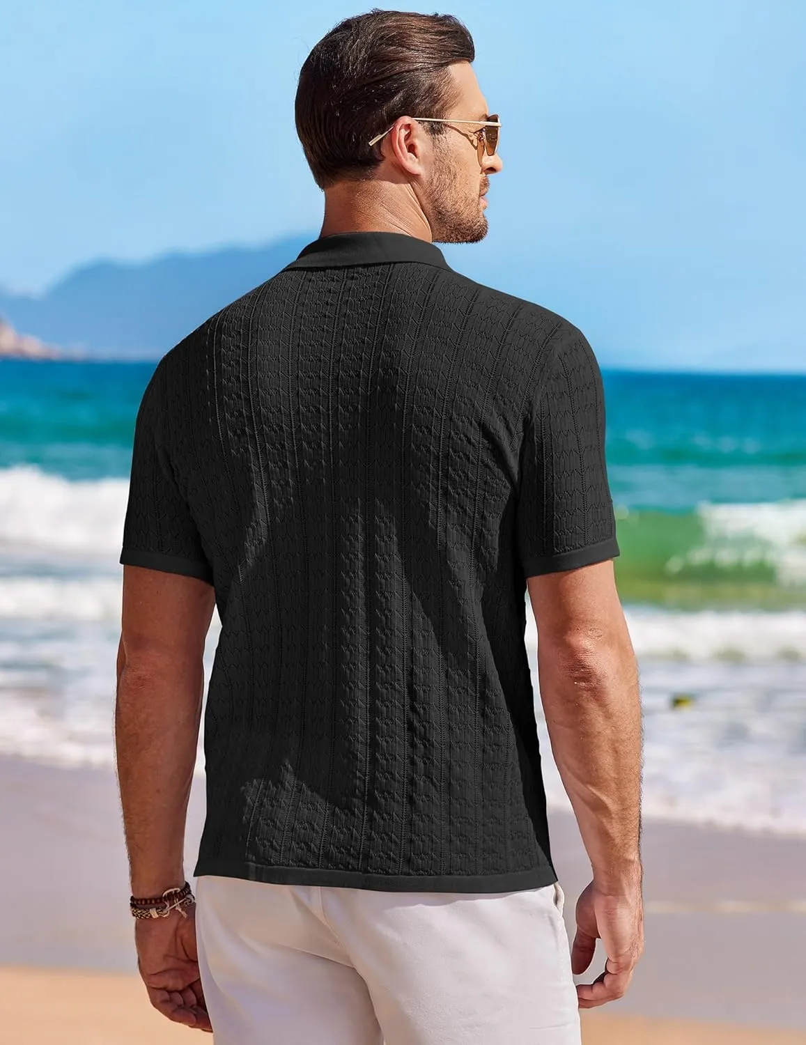 COOFANDY Men's Knit Button Down Shirt Short Sleeve Vintage Polo Shirts Summer Casual Beach Tops