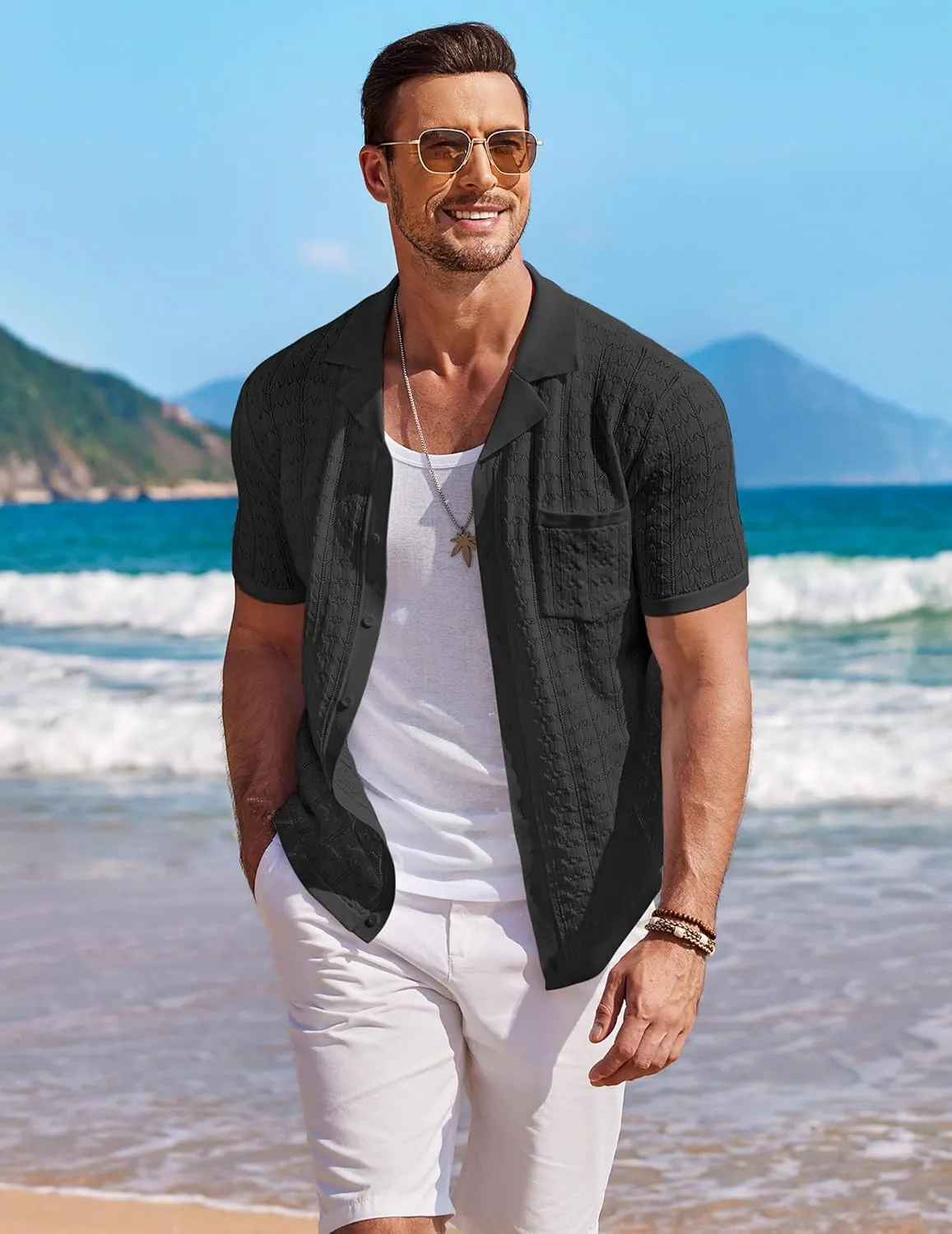 COOFANDY Men's Knit Button Down Shirt Short Sleeve Vintage Polo Shirts Summer Casual Beach Tops