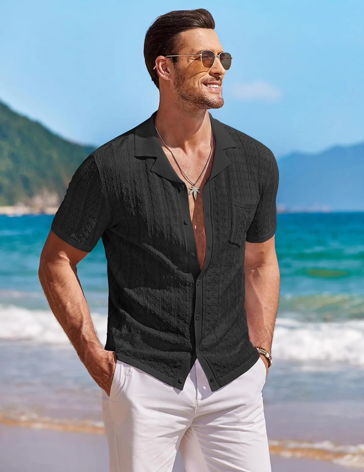 COOFANDY Men's Knit Button Down Shirt Short Sleeve Vintage Polo Shirts Summer Casual Beach Tops