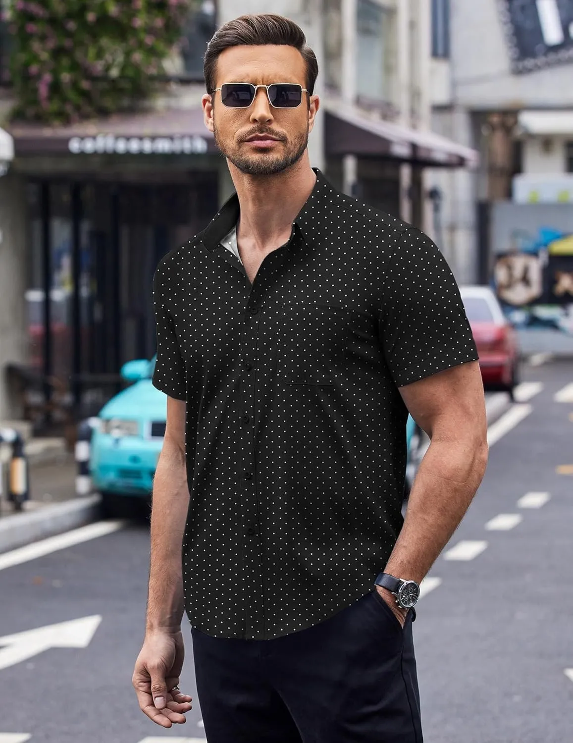 COOFANDY Mens Short Sleeve Button Down Shirts Wrinkle Free Dress Shirts Casual Polka Dot Print Shirt with Pocket
