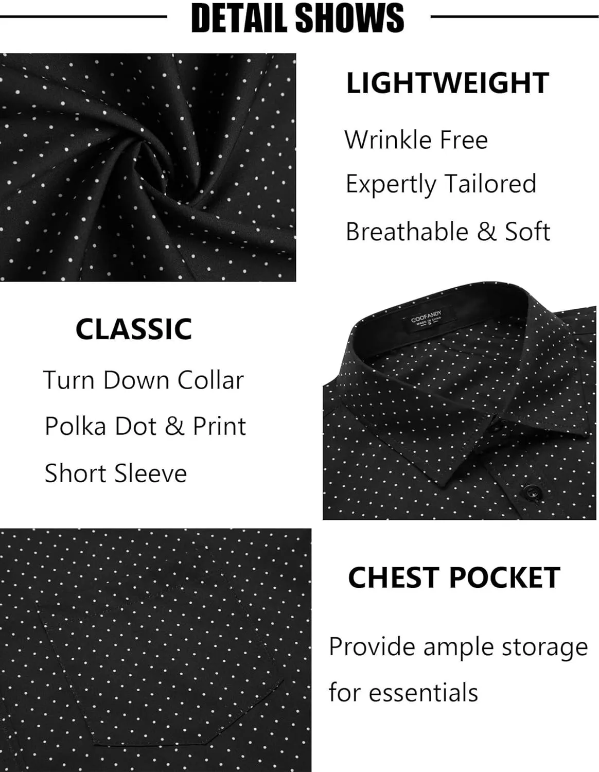 COOFANDY Mens Short Sleeve Button Down Shirts Wrinkle Free Dress Shirts Casual Polka Dot Print Shirt with Pocket