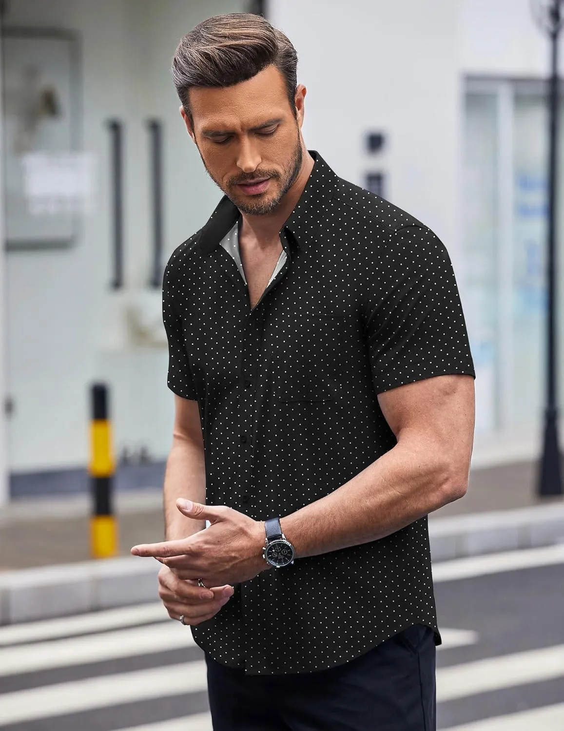 COOFANDY Mens Short Sleeve Button Down Shirts Wrinkle Free Dress Shirts Casual Polka Dot Print Shirt with Pocket