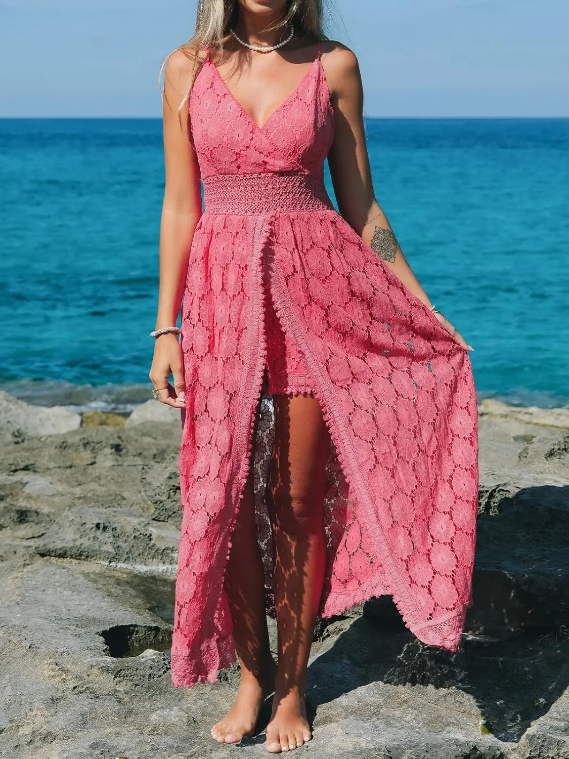 CUPSHE Women's Ruching Smocking Jumpsuit Summer Slip V Neck Backless Maxi High Low