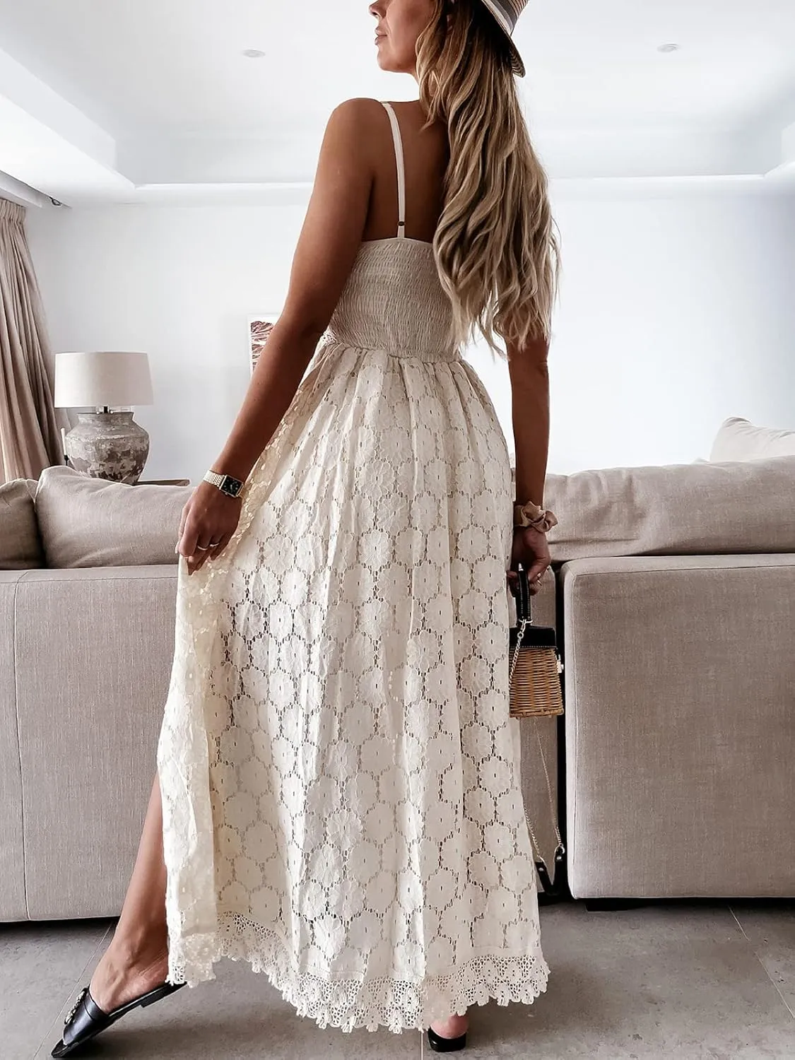 CUPSHE Women's Ruching Smocking Jumpsuit Summer Slip V Neck Backless Maxi High Low