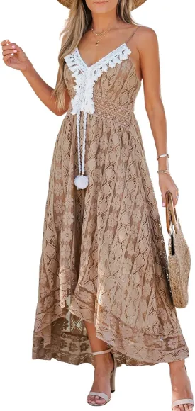CUPSHE Women's Summer Dresses Sleeveless Lace Casual Tassel Beach Spaghetti Straps Flowy Maxi Sun Dress