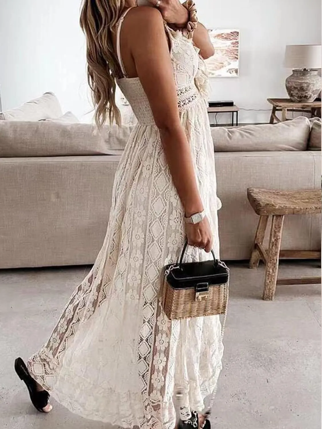 CUPSHE Women's Summer Dresses Sleeveless Lace Casual Tassel Beach Spaghetti Straps Flowy Maxi Sun Dress