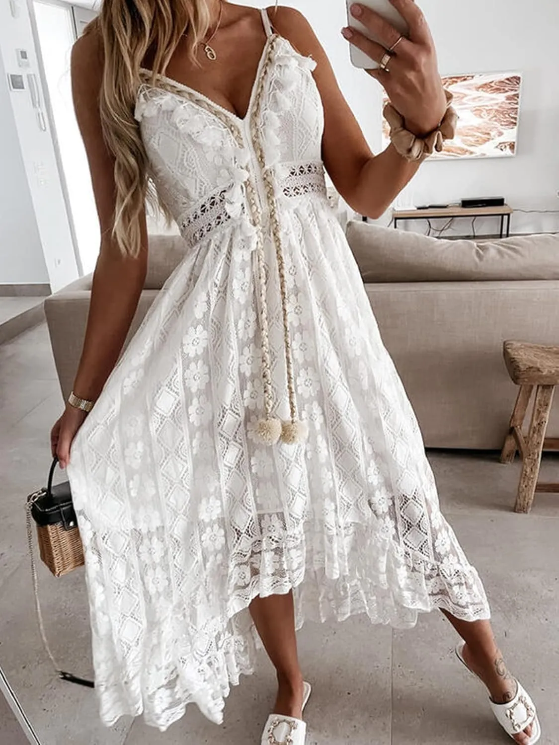 CUPSHE Women's Summer Dresses Sleeveless Lace Casual Tassel Beach Spaghetti Straps Flowy Maxi Sun Dress
