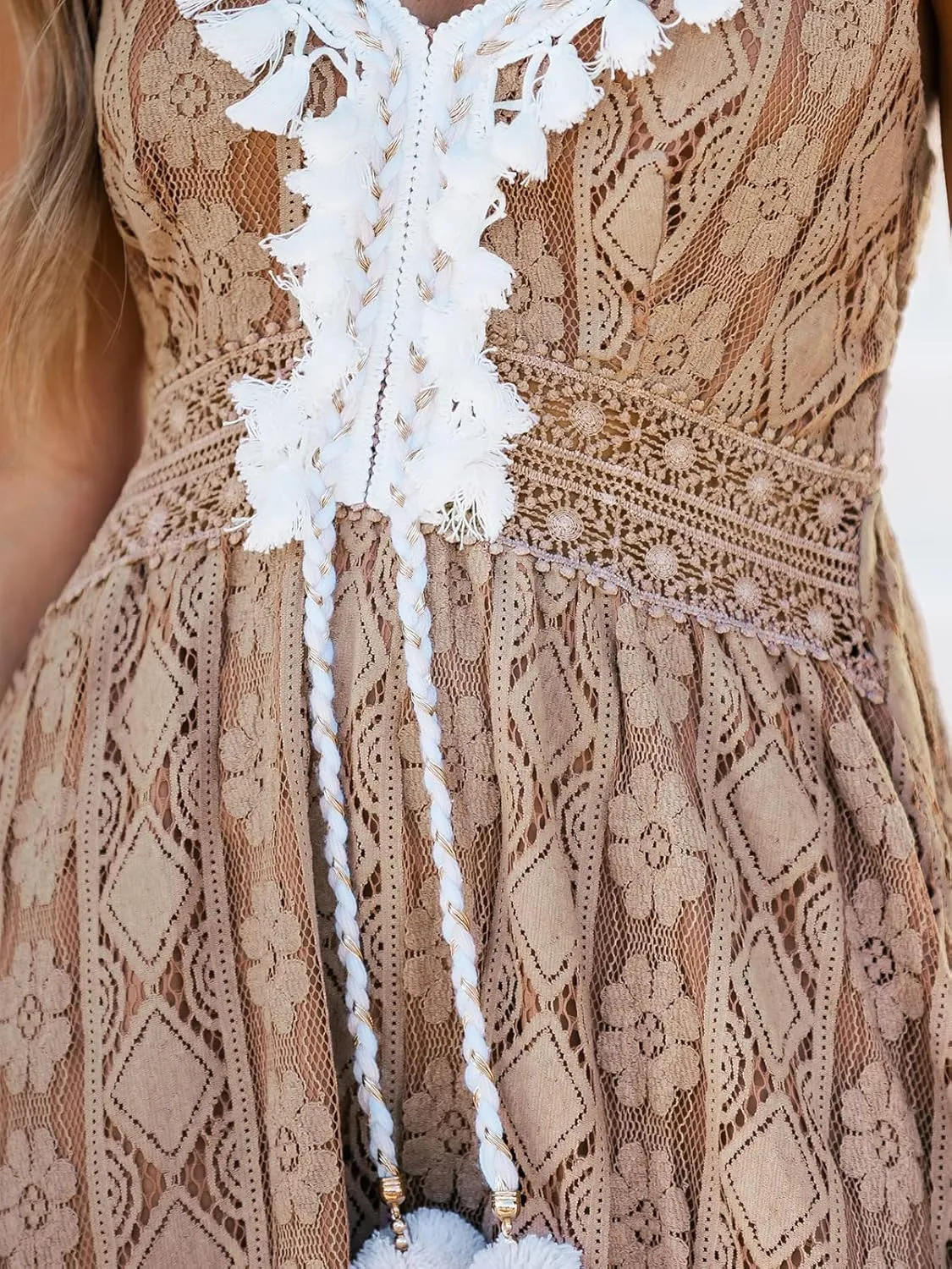 CUPSHE Women's Summer Dresses Sleeveless Lace Casual Tassel Beach Spaghetti Straps Flowy Maxi Sun Dress