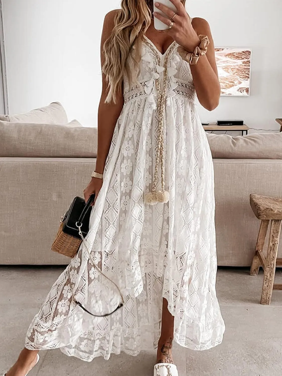 CUPSHE Women's Summer Dresses Sleeveless Lace Casual Tassel Beach Spaghetti Straps Flowy Maxi Sun Dress