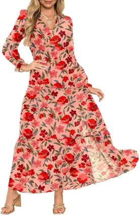 Dokotoo Women's Boho Maxi Dress Sexy V Neck Puff Long Sleeve Ruffle A-Line Split Swing Chiffon Dresses