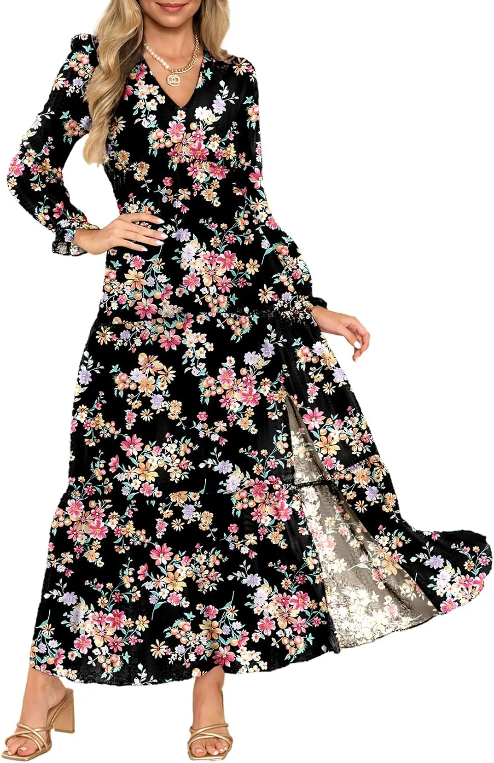 Dokotoo Women's Boho Maxi Dress Sexy V Neck Puff Long Sleeve Ruffle A-Line Split Swing Chiffon Dresses