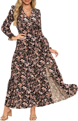 Dokotoo Women's Boho Maxi Dress Sexy V Neck Puff Long Sleeve Ruffle A-Line Split Swing Chiffon Dresses
