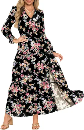Dokotoo Women's Boho Maxi Dress Sexy V Neck Puff Long Sleeve Ruffle A-Line Split Swing Chiffon Dresses