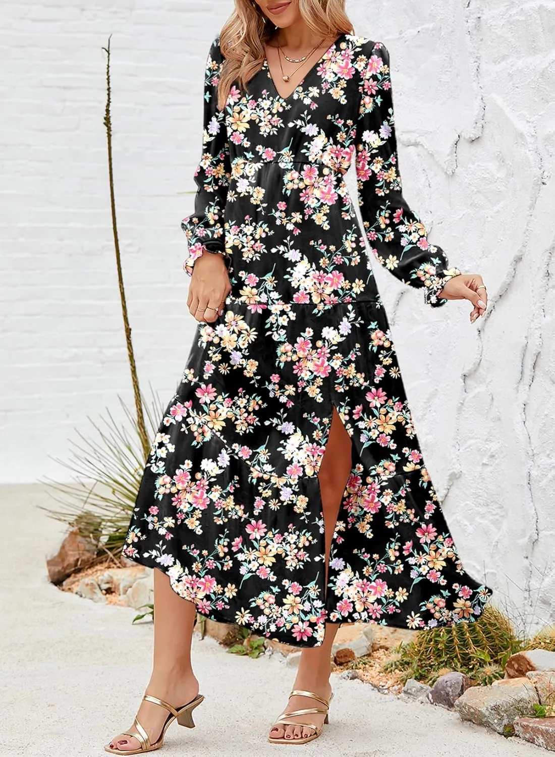 Dokotoo Women's Boho Maxi Dress Sexy V Neck Puff Long Sleeve Ruffle A-Line Split Swing Chiffon Dresses