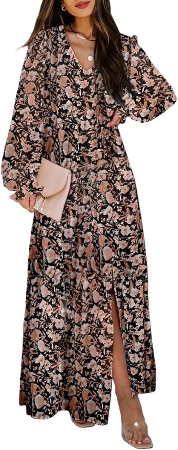Dokotoo Women's Boho Maxi Dress Sexy V Neck Puff Long Sleeve Ruffle A-Line Split Swing Chiffon Dresses