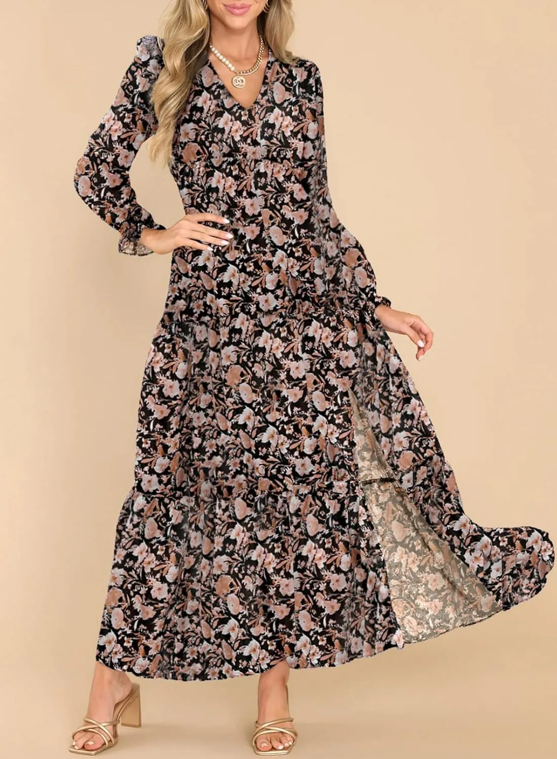 Dokotoo Women's Boho Maxi Dress Sexy V Neck Puff Long Sleeve Ruffle A-Line Split Swing Chiffon Dresses
