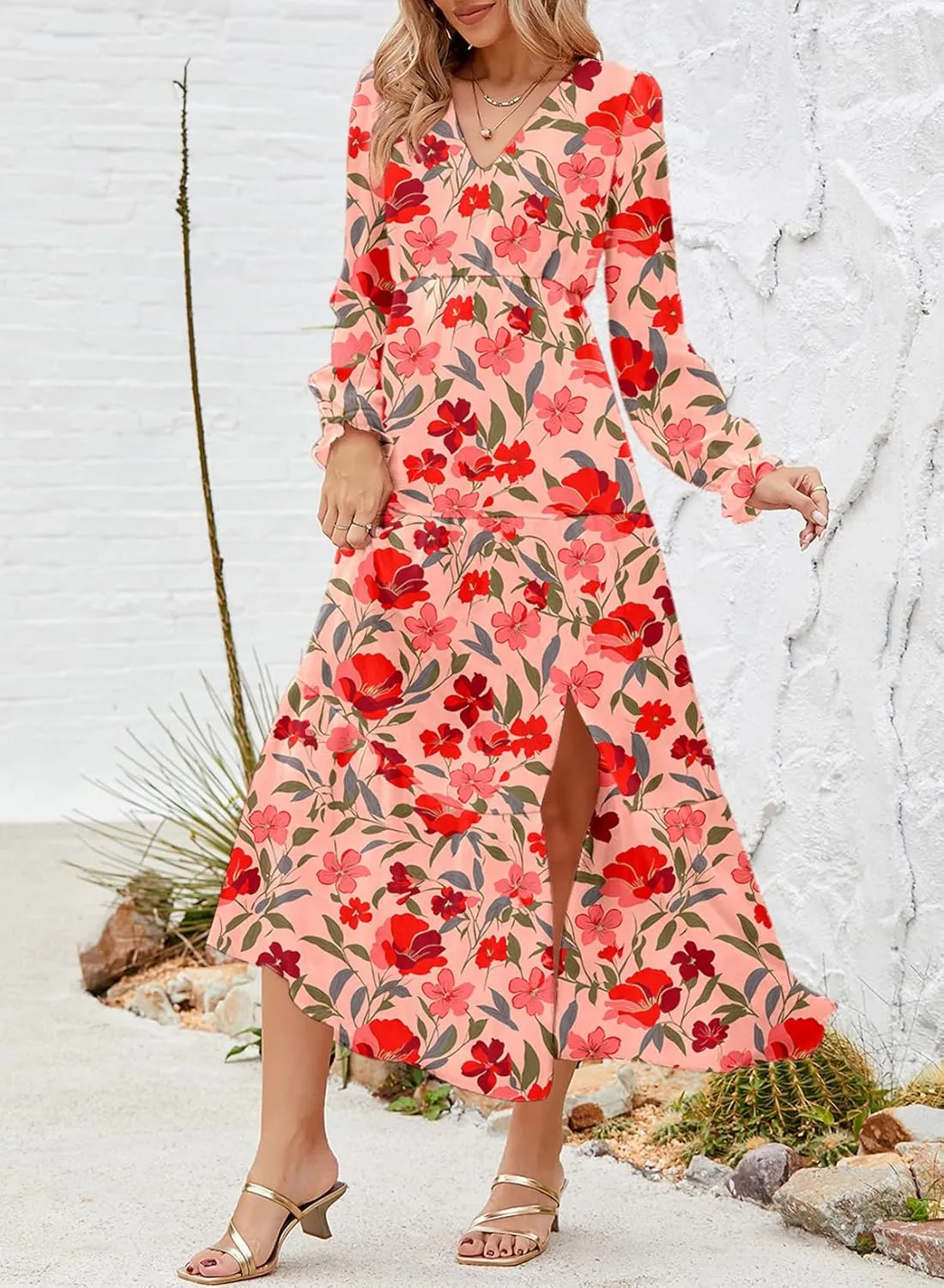 Dokotoo Women's Boho Maxi Dress Sexy V Neck Puff Long Sleeve Ruffle A-Line Split Swing Chiffon Dresses