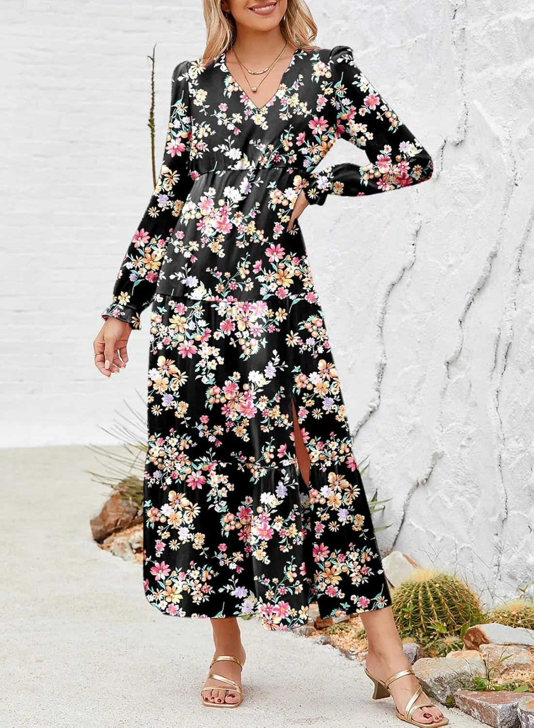 Dokotoo Women's Boho Maxi Dress Sexy V Neck Puff Long Sleeve Ruffle A-Line Split Swing Chiffon Dresses