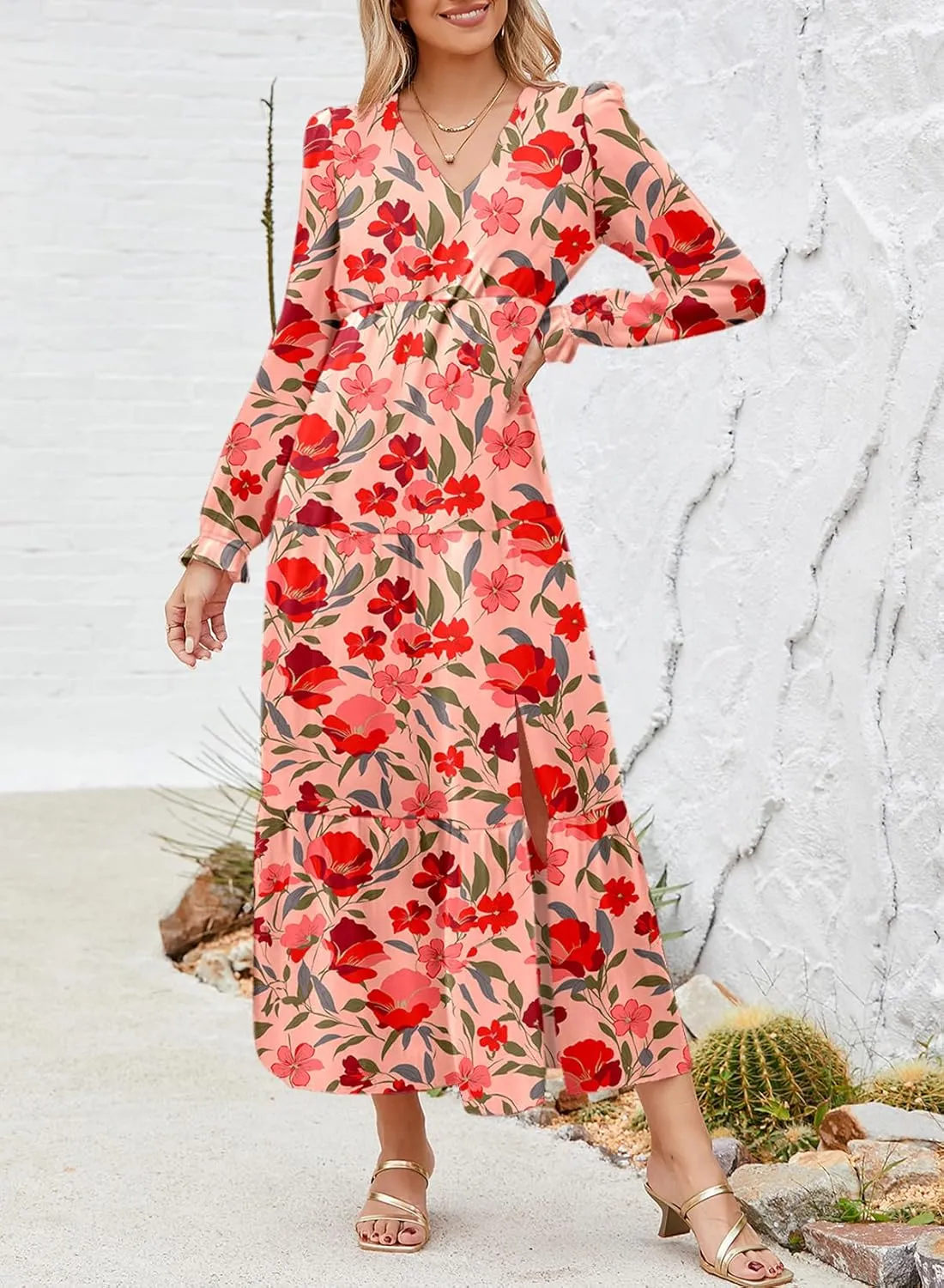 Dokotoo Women's Boho Maxi Dress Sexy V Neck Puff Long Sleeve Ruffle A-Line Split Swing Chiffon Dresses