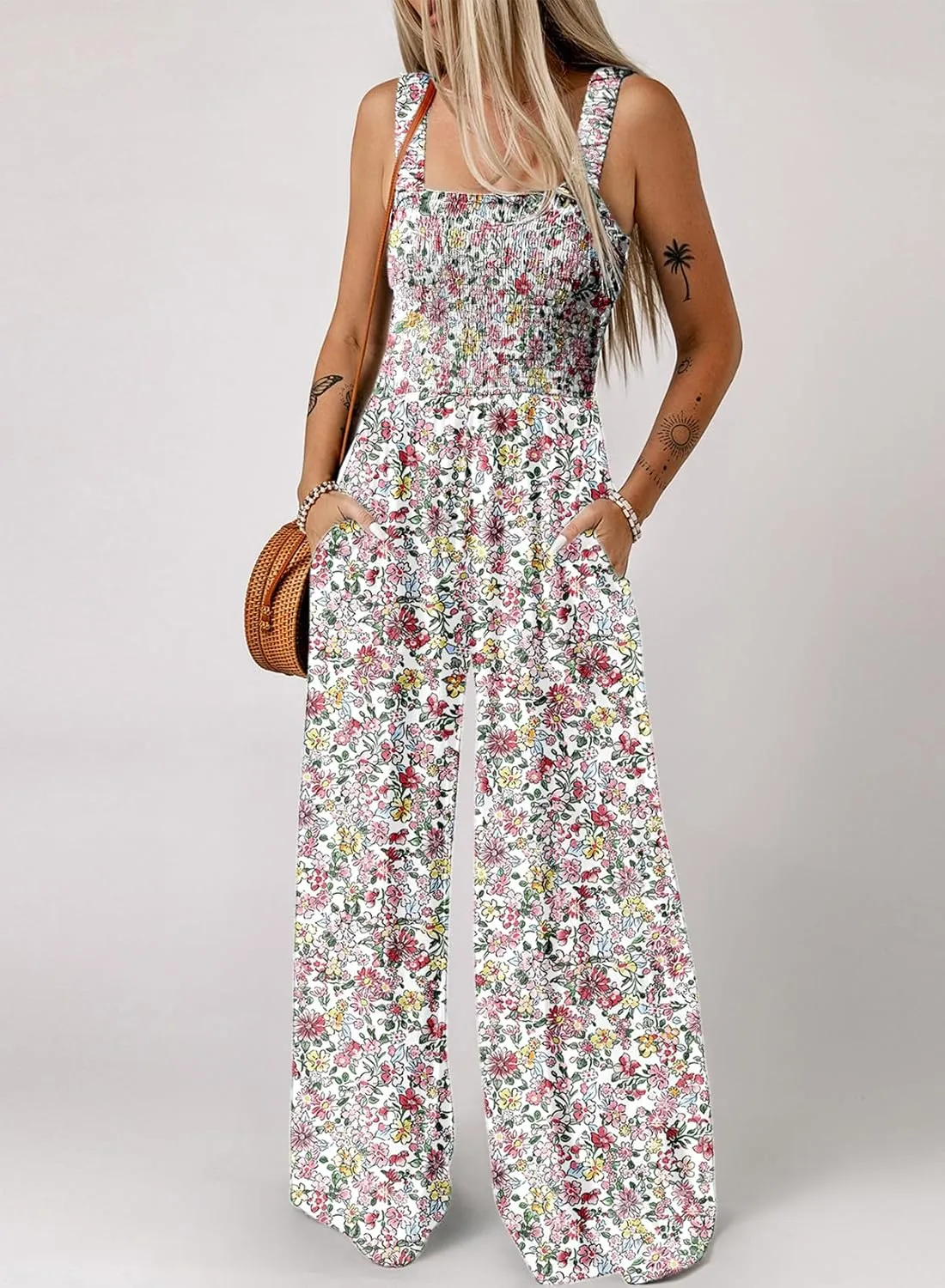 Dokotoo Women's Casual Loose Overalls Jumpsuits One Piece Sleeveless Printed Wide Leg Long Pant Rompers With Pockets
