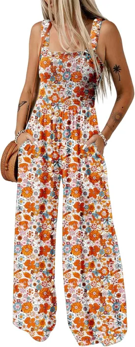 Dokotoo Women's Casual Loose Overalls Jumpsuits One Piece Sleeveless Printed Wide Leg Long Pant Rompers With Pockets
