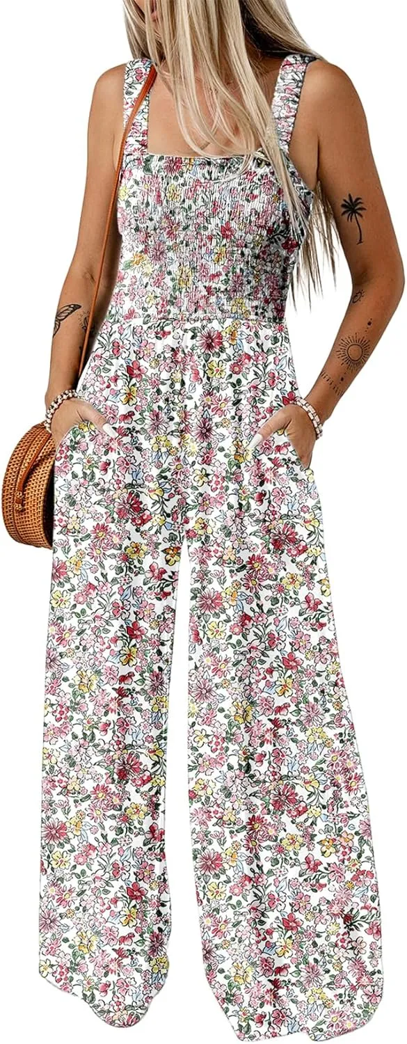 Dokotoo Women's Casual Loose Overalls Jumpsuits One Piece Sleeveless Printed Wide Leg Long Pant Rompers With Pockets