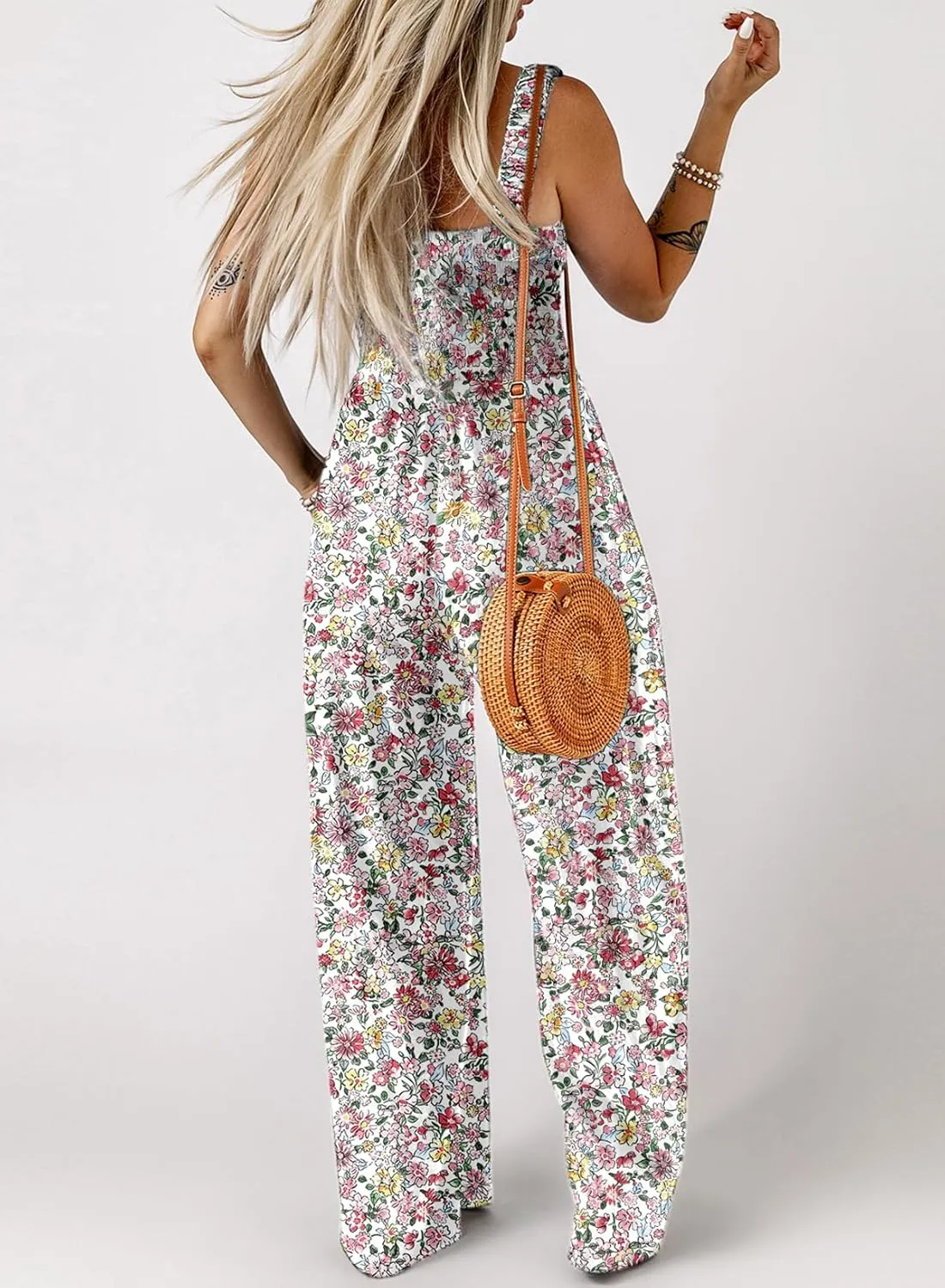 Dokotoo Women's Casual Loose Overalls Jumpsuits One Piece Sleeveless Printed Wide Leg Long Pant Rompers With Pockets