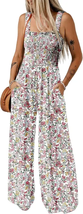 Dokotoo Women's Casual Loose Overalls Jumpsuits One Piece Sleeveless Printed Wide Leg Long Pant Rompers With Pockets