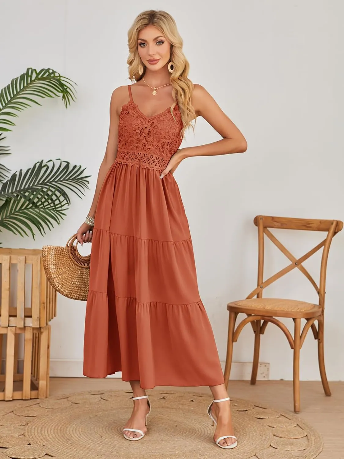 Dokuritu Women's Beach Crochet Lace Maxi Dress Solid Color Summer Vacation Spaghetti Strap Long Dress 2024