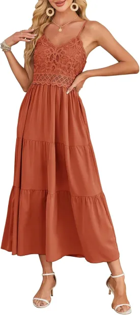 Dokuritu Women's Beach Crochet Lace Maxi Dress Solid Color Summer Vacation Spaghetti Strap Long Dress 2024