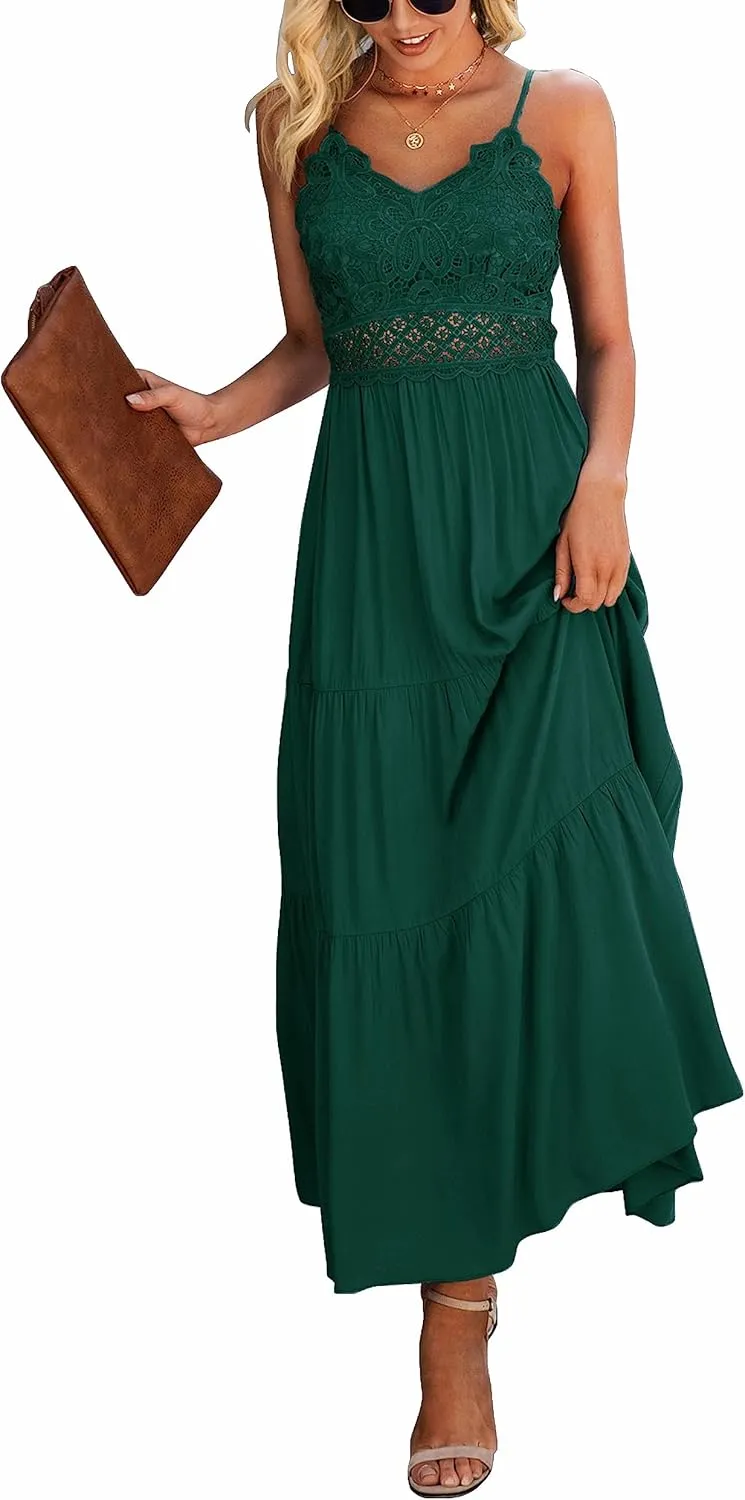 Dokuritu Women's Beach Crochet Lace Maxi Dress Solid Color Summer Vacation Spaghetti Strap Long Dress 2024