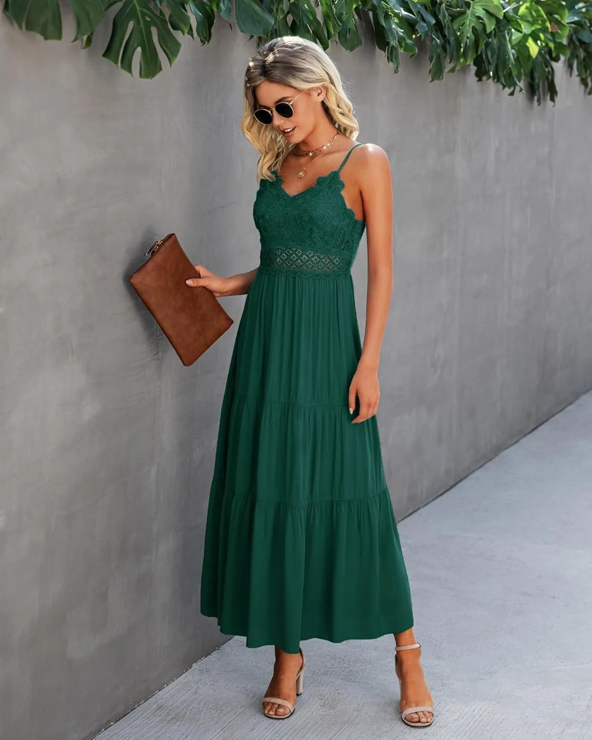 Dokuritu Women's Beach Crochet Lace Maxi Dress Solid Color Summer Vacation Spaghetti Strap Long Dress 2024