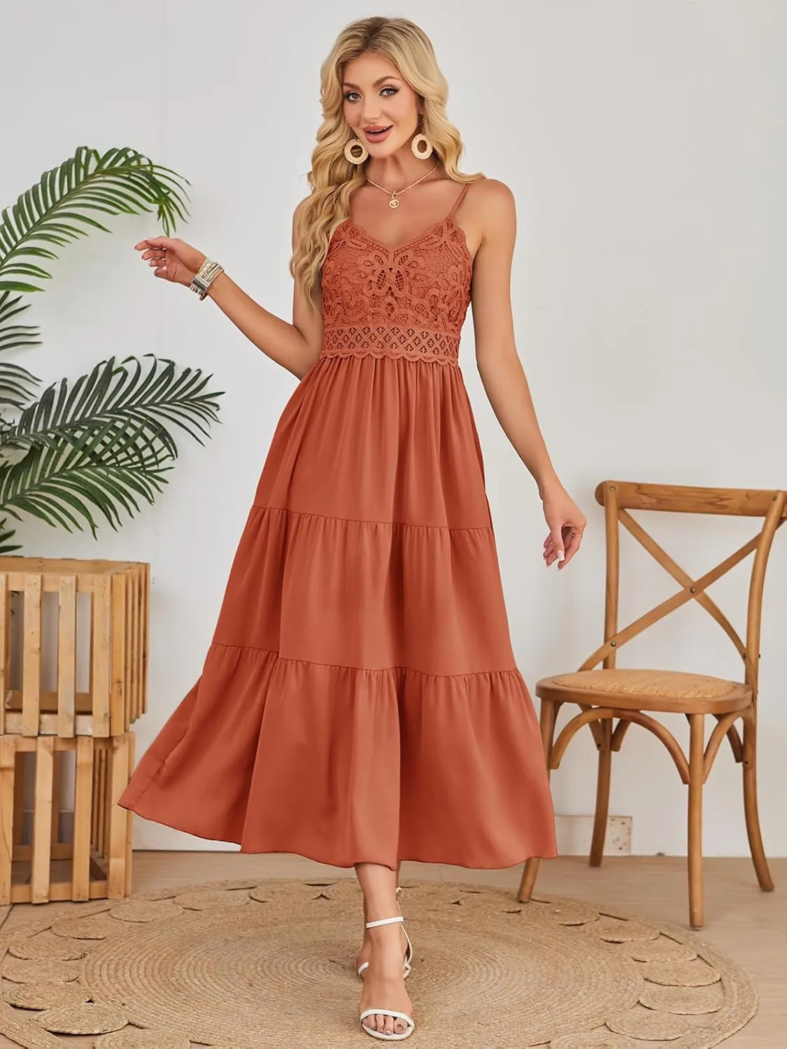Dokuritu Women's Beach Crochet Lace Maxi Dress Solid Color Summer Vacation Spaghetti Strap Long Dress 2024
