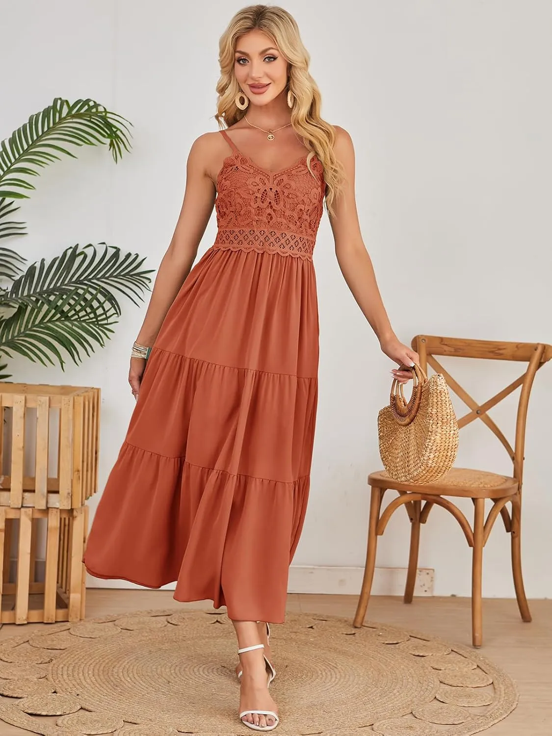 Dokuritu Women's Beach Crochet Lace Maxi Dress Solid Color Summer Vacation Spaghetti Strap Long Dress 2024