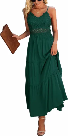 Dokuritu Women's Beach Crochet Lace Maxi Dress Solid Color Summer Vacation Spaghetti Strap Long Dress 2024