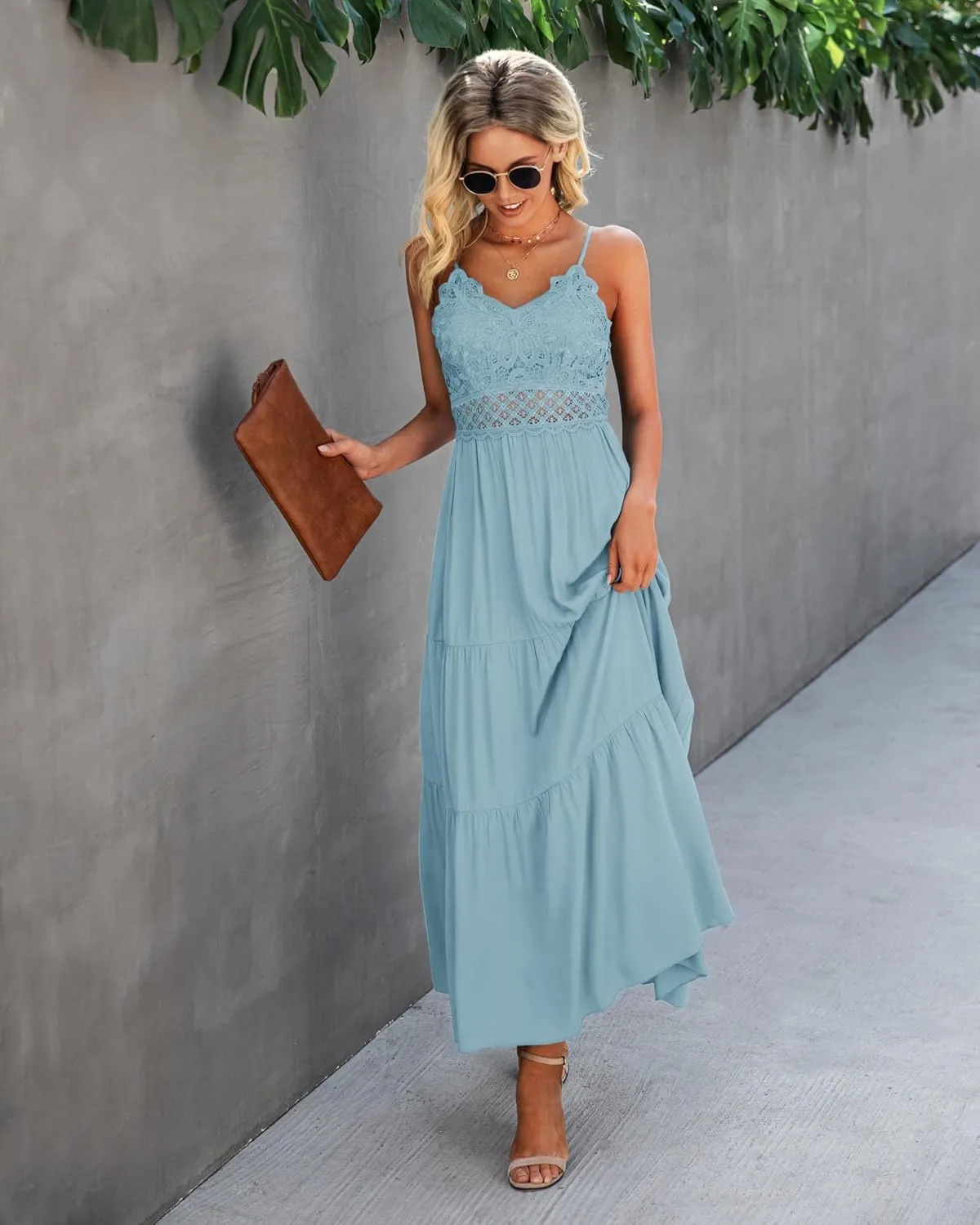 Dokuritu Women's Beach Crochet Lace Maxi Dress Solid Color Summer Vacation Spaghetti Strap Long Dress 2024