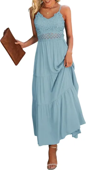 Dokuritu Women's Beach Crochet Lace Maxi Dress Solid Color Summer Vacation Spaghetti Strap Long Dress 2024