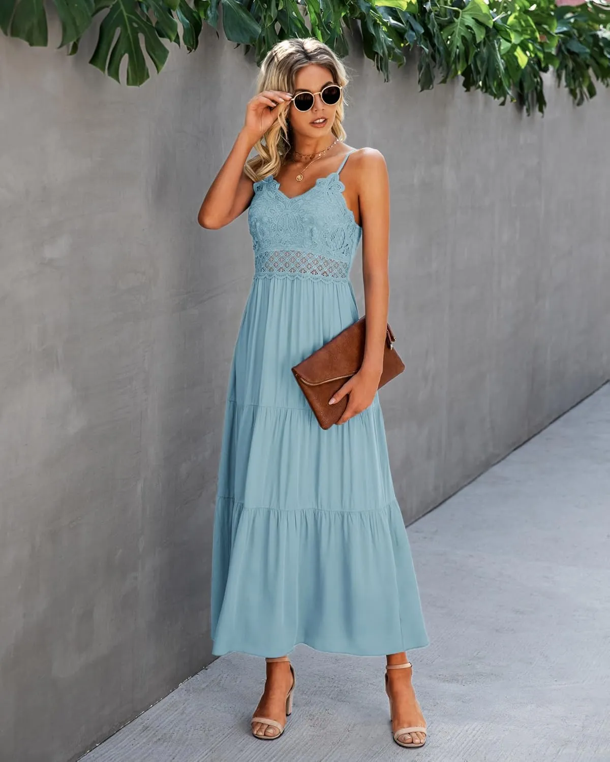 Dokuritu Women's Beach Crochet Lace Maxi Dress Solid Color Summer Vacation Spaghetti Strap Long Dress 2024