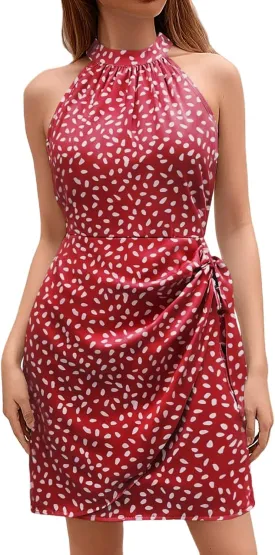 Dot Print midi Dress Summer Halter Sleeveless a line Sundress Casual Tie Waist Dress Zipper Back Vacation Beach Dresses