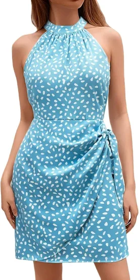 Dot Print midi Dress Summer Halter Sleeveless a line Sundress Casual Tie Waist Dress Zipper Back Vacation Beach Dresses