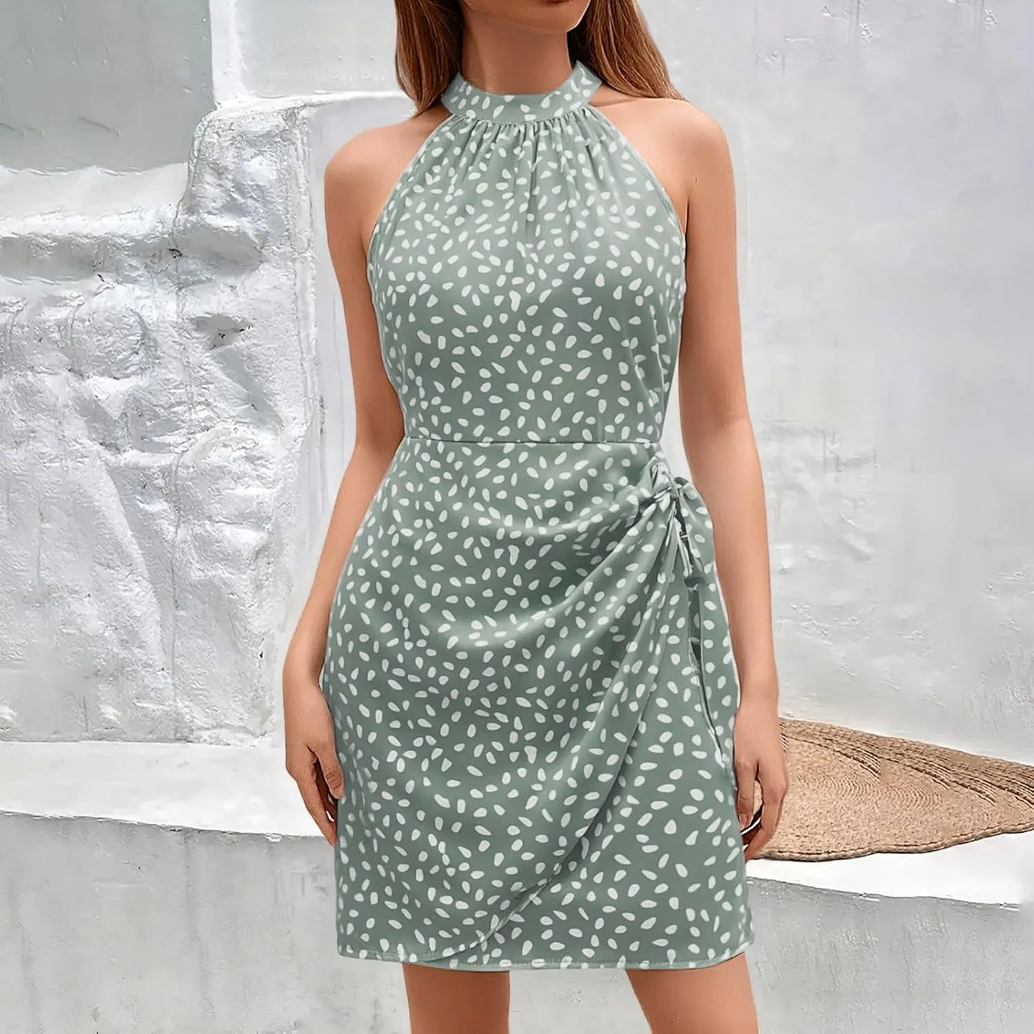 Dot Print midi Dress Summer Halter Sleeveless a line Sundress Casual Tie Waist Dress Zipper Back Vacation Beach Dresses