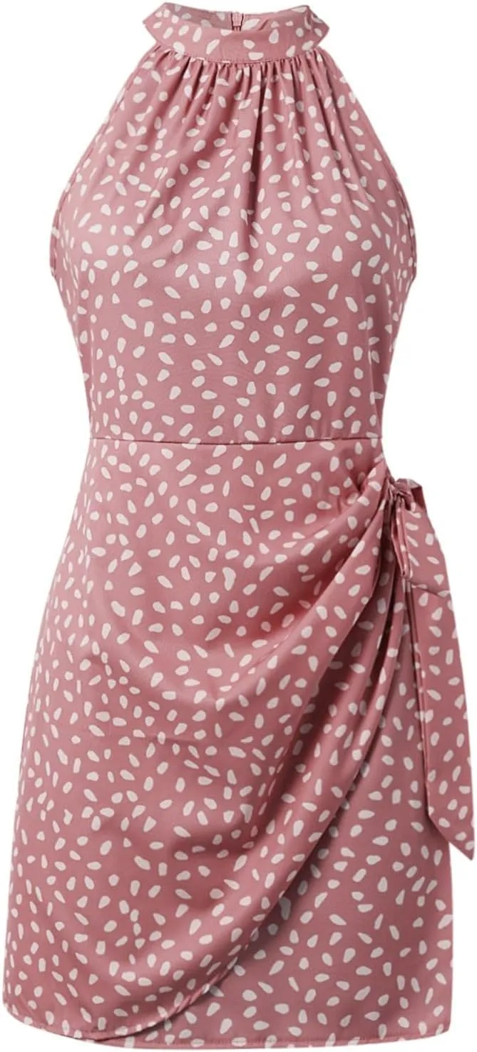 Dot Print midi Dress Summer Halter Sleeveless a line Sundress Casual Tie Waist Dress Zipper Back Vacation Beach Dresses