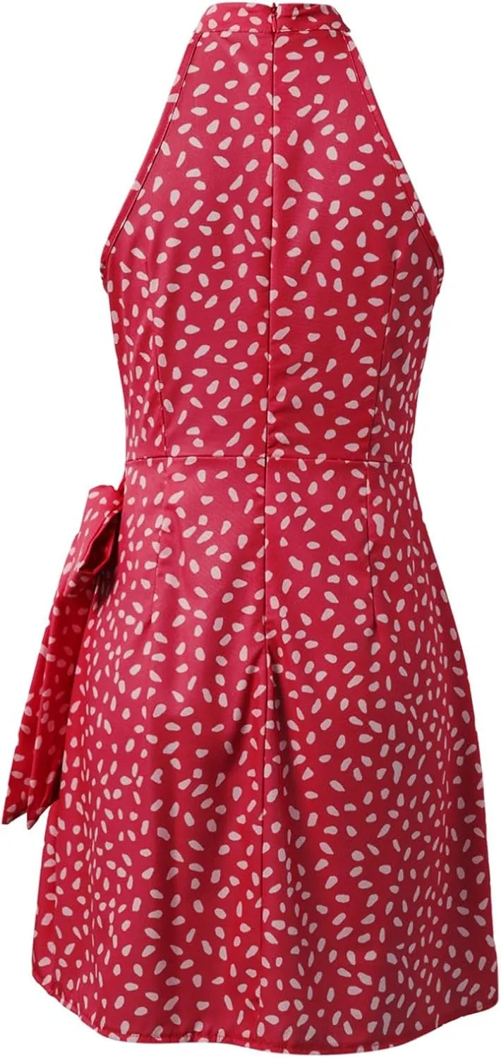 Dot Print midi Dress Summer Halter Sleeveless a line Sundress Casual Tie Waist Dress Zipper Back Vacation Beach Dresses