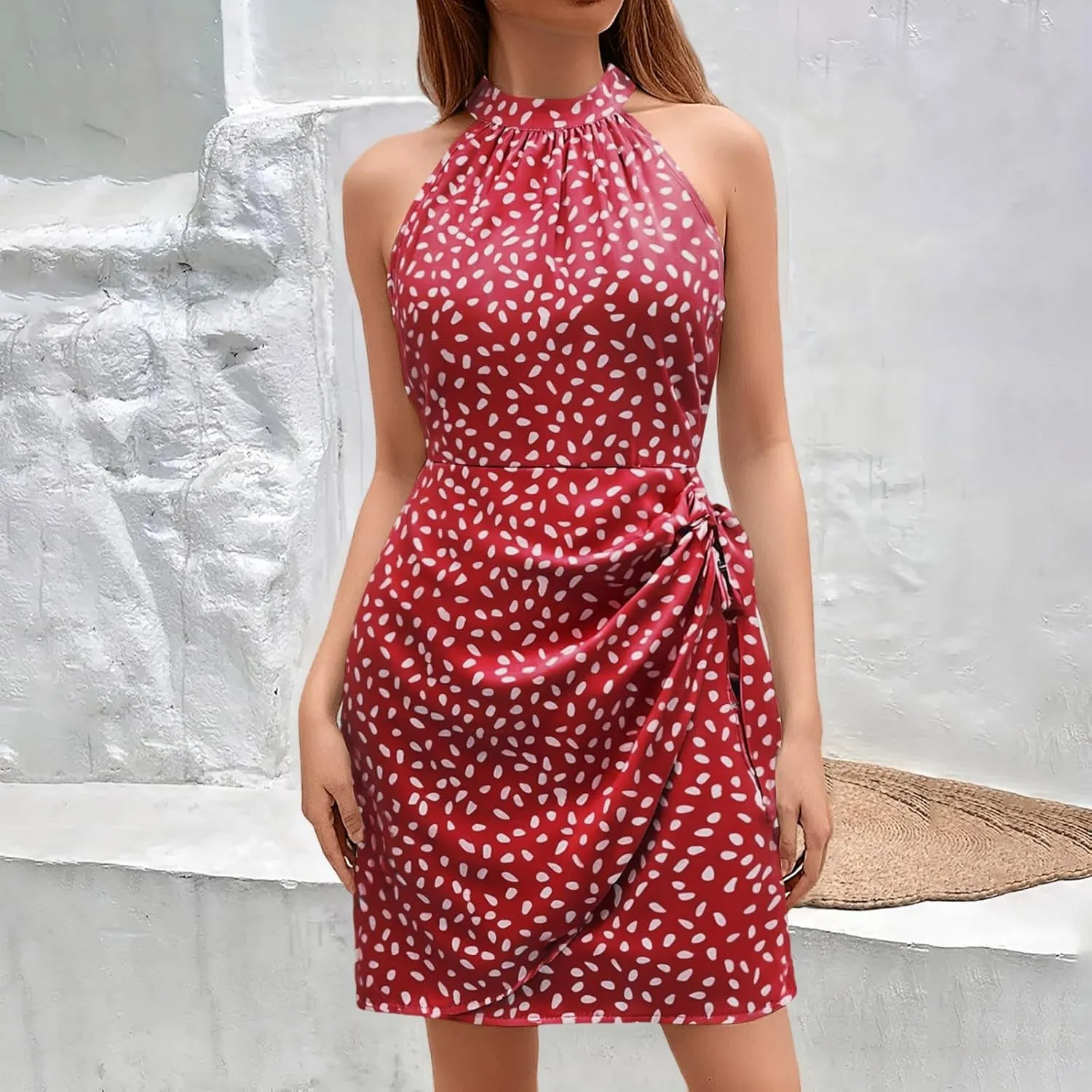 Dot Print midi Dress Summer Halter Sleeveless a line Sundress Casual Tie Waist Dress Zipper Back Vacation Beach Dresses