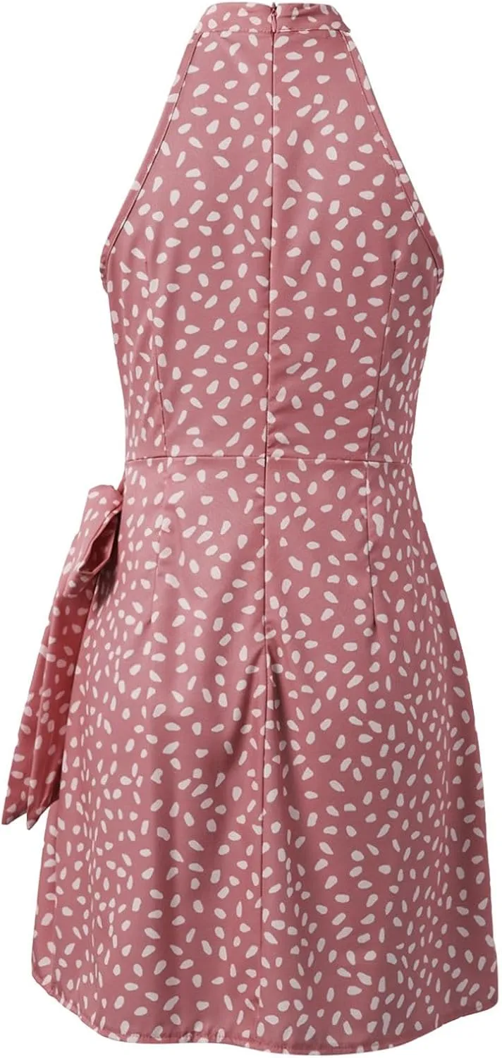 Dot Print midi Dress Summer Halter Sleeveless a line Sundress Casual Tie Waist Dress Zipper Back Vacation Beach Dresses