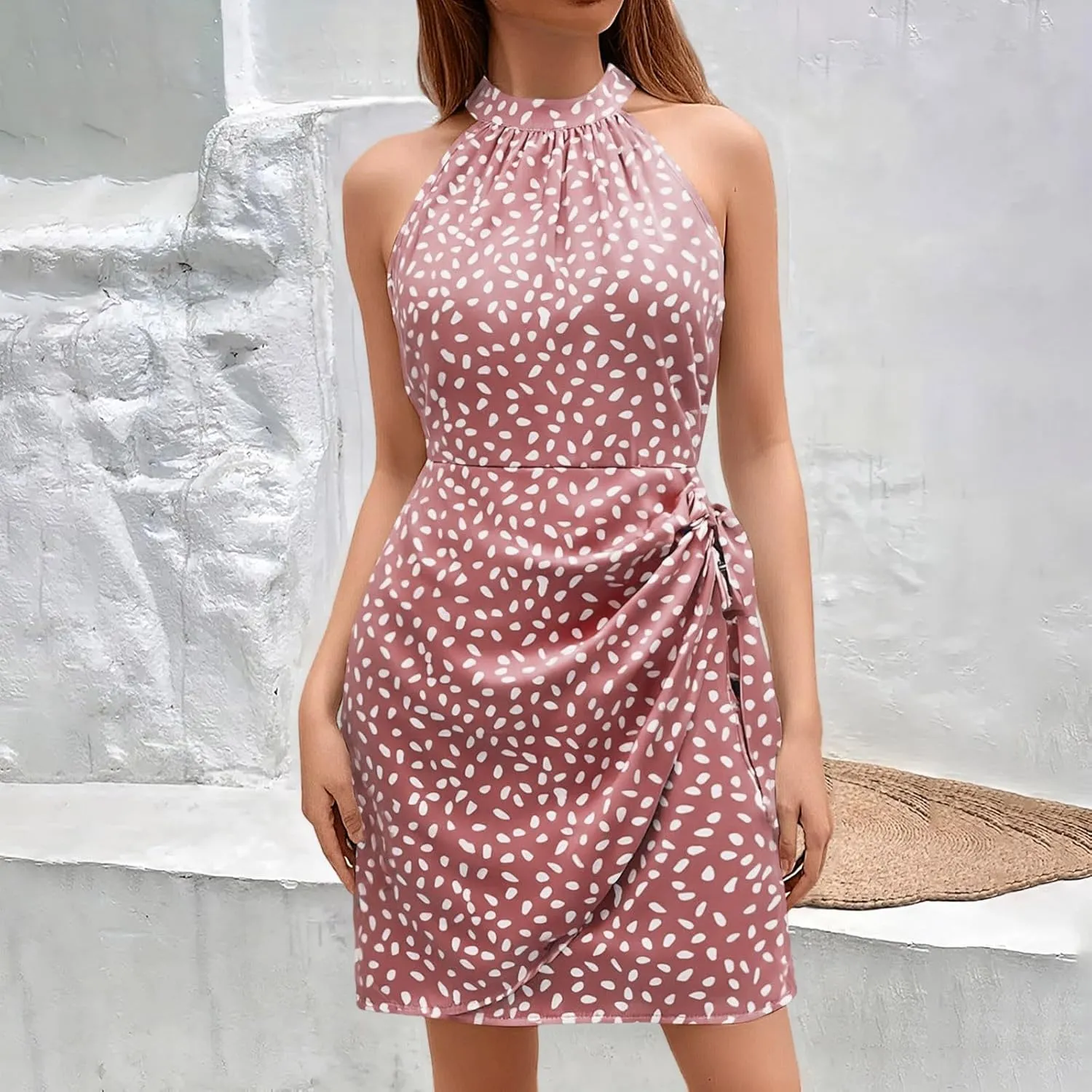 Dot Print midi Dress Summer Halter Sleeveless a line Sundress Casual Tie Waist Dress Zipper Back Vacation Beach Dresses