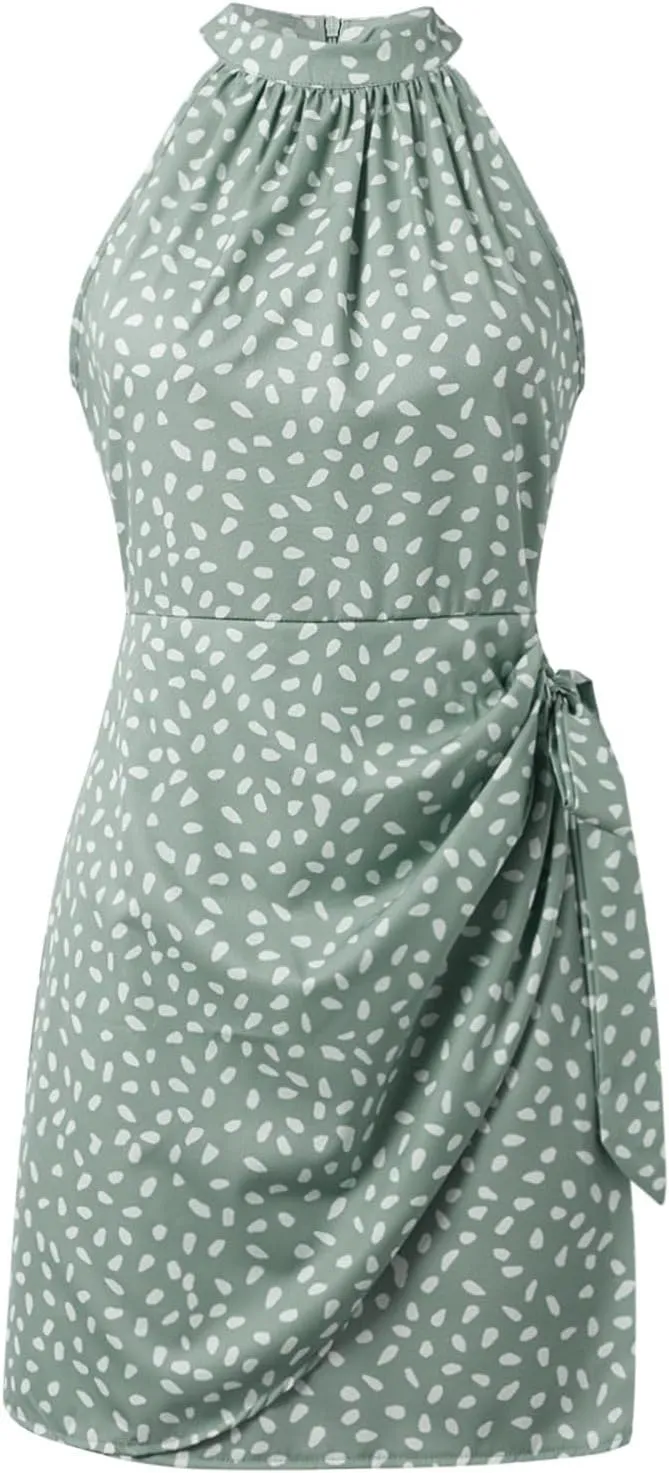 Dot Print midi Dress Summer Halter Sleeveless a line Sundress Casual Tie Waist Dress Zipper Back Vacation Beach Dresses