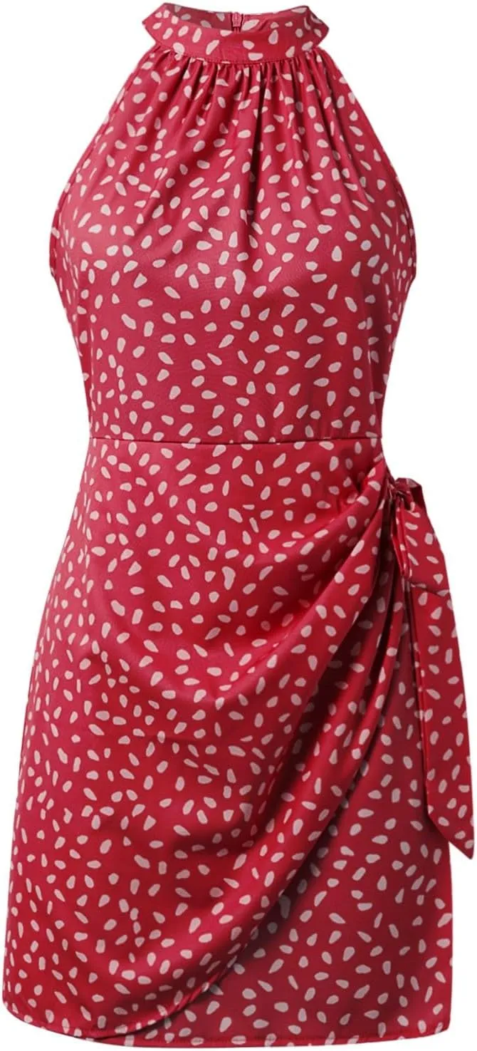 Dot Print midi Dress Summer Halter Sleeveless a line Sundress Casual Tie Waist Dress Zipper Back Vacation Beach Dresses